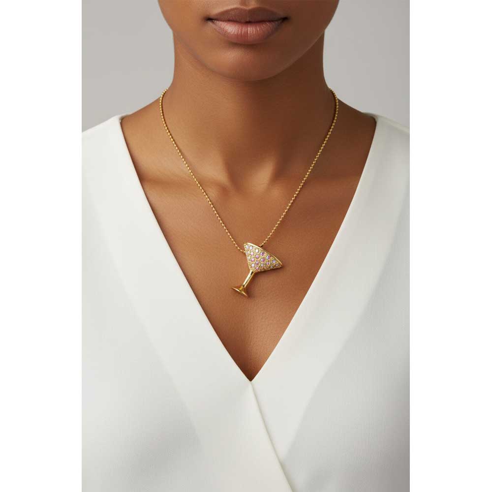 Model wearing Crystal martini glass necklace with a white top - Lilylin Designs