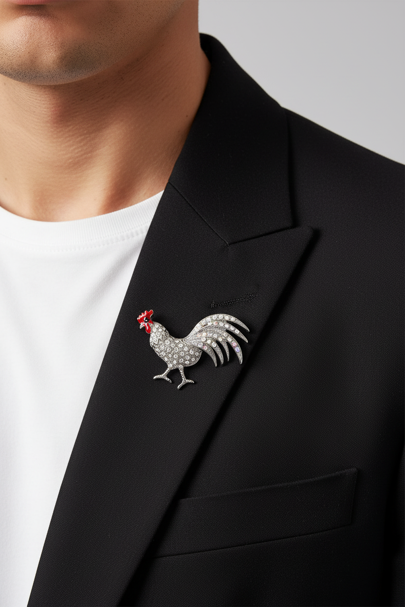 A silver-tone rooster brooch paved with clear stones, featuring a small red crown accent, pinned to a black blazer lapel over a white t-shirt. Lilylin Designs