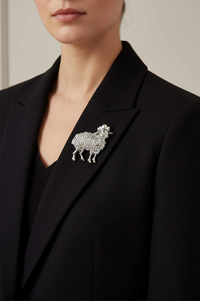 A close-up of a model wearing a black blazer and a silver crystal-encrusted sheep brooch on the lapel. Lilylin Designs