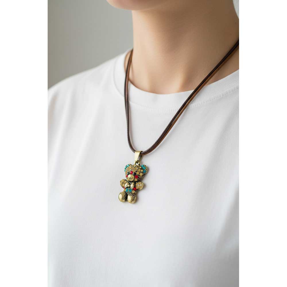Model wearing Crystal teddy bear necklace with a white t-shirt - Lilylin Designs