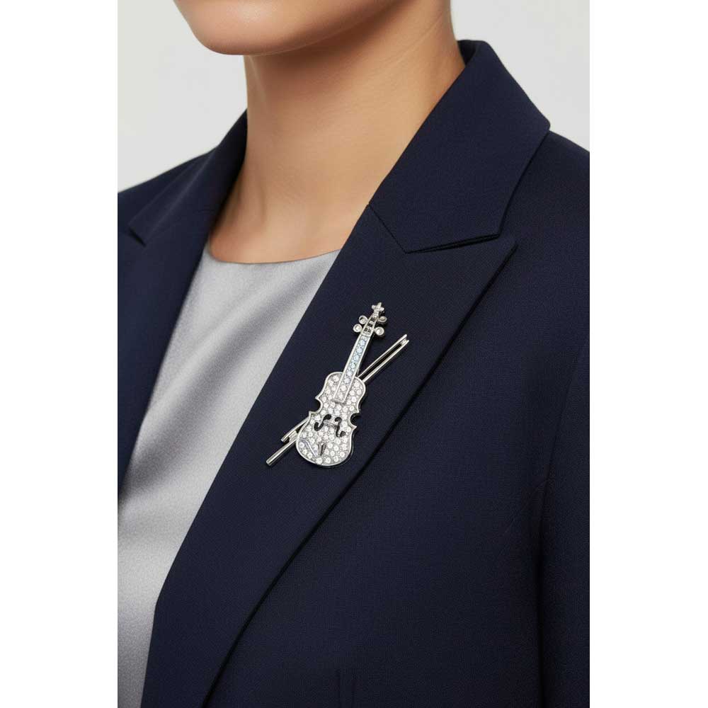 Model wearing Crystal violin brooch pin on a navy blue jacket with a gray top - Lilylin Designs