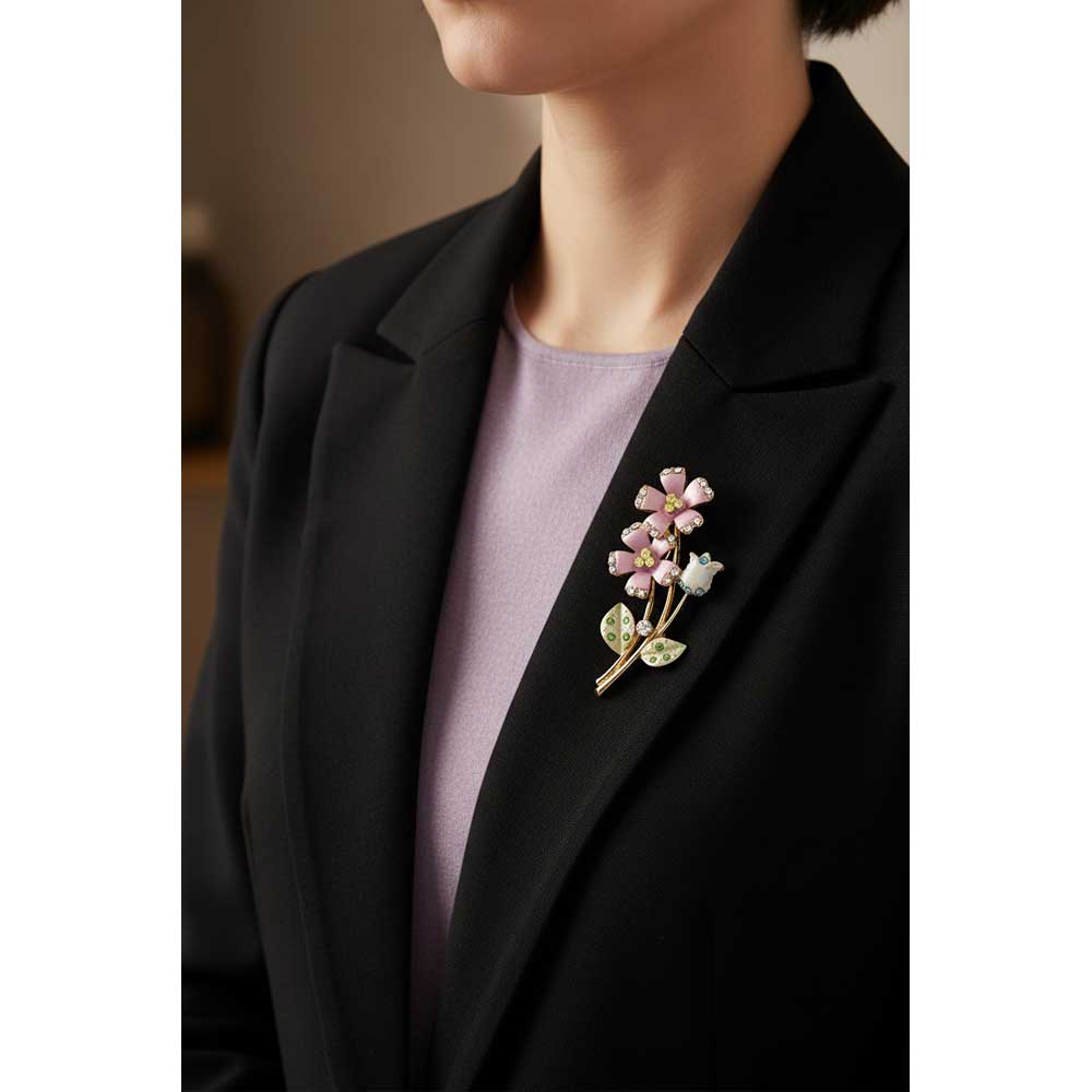 Model wearing Daisies and tulip brooch pin on a black jacket with a light purple top - Lilylin Designs