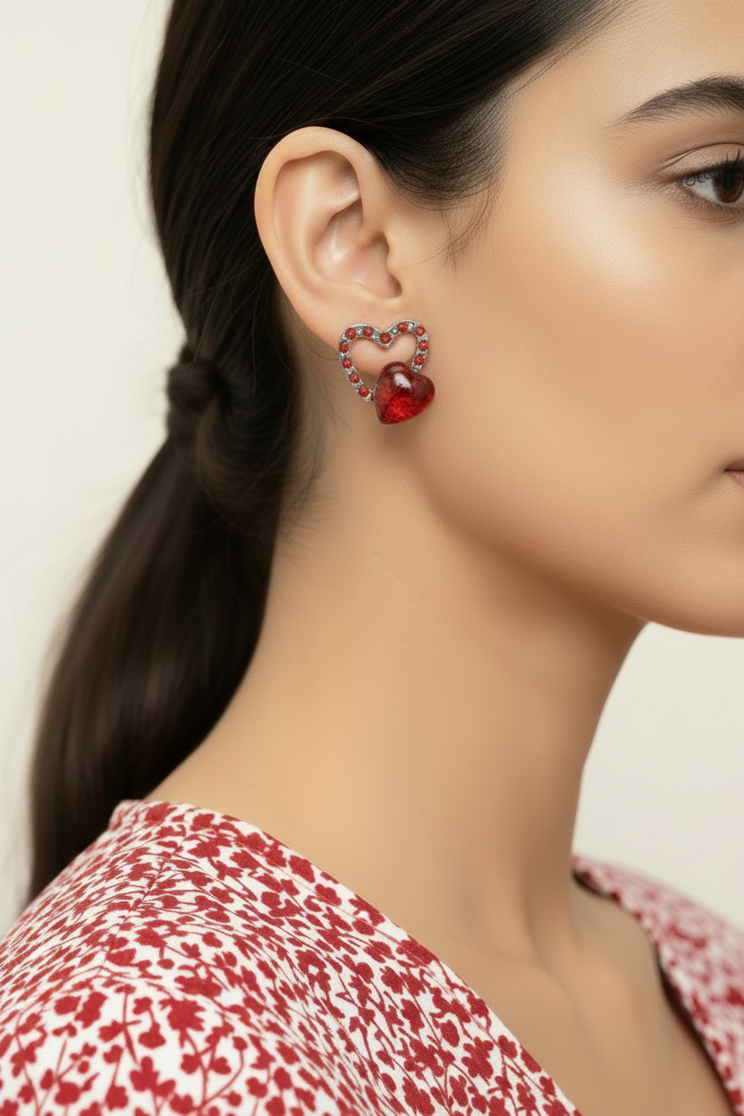 A close-up side profile of a woman wearing a heart-shaped stud earring. The earring features a translucent red heart with a small row of red crystals - Lilylin Designs