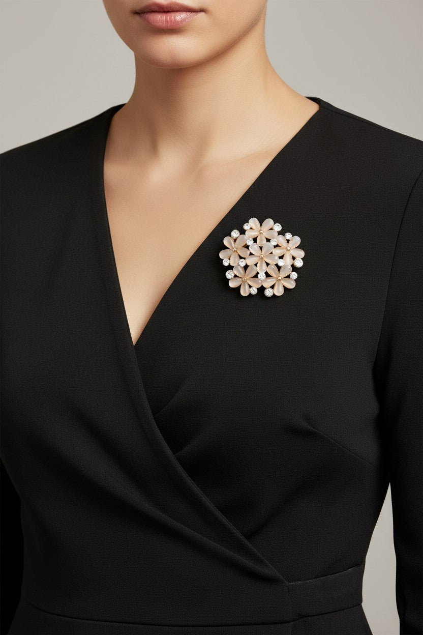 Model wearing Dusty pink flowers brooch pin on a black wrap dress - Lilylin Designs