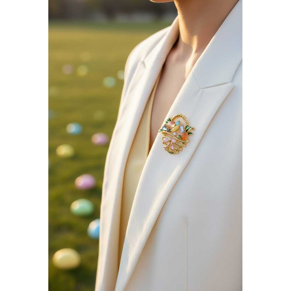 Model wearing Easter basket brooch pin on a white jacket with Easter egg hunt scene in the background - Lilylin Designs