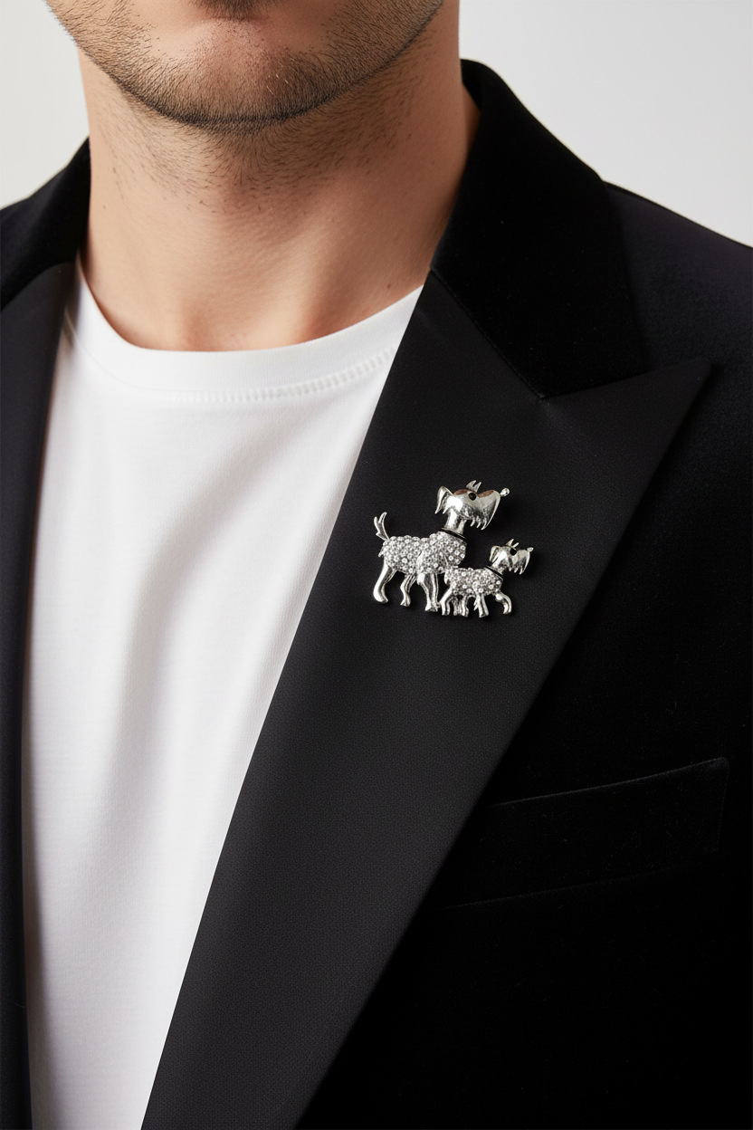 Model wearing crystal father and dog scotty dog pin on a black jacket - Lilylin Designs