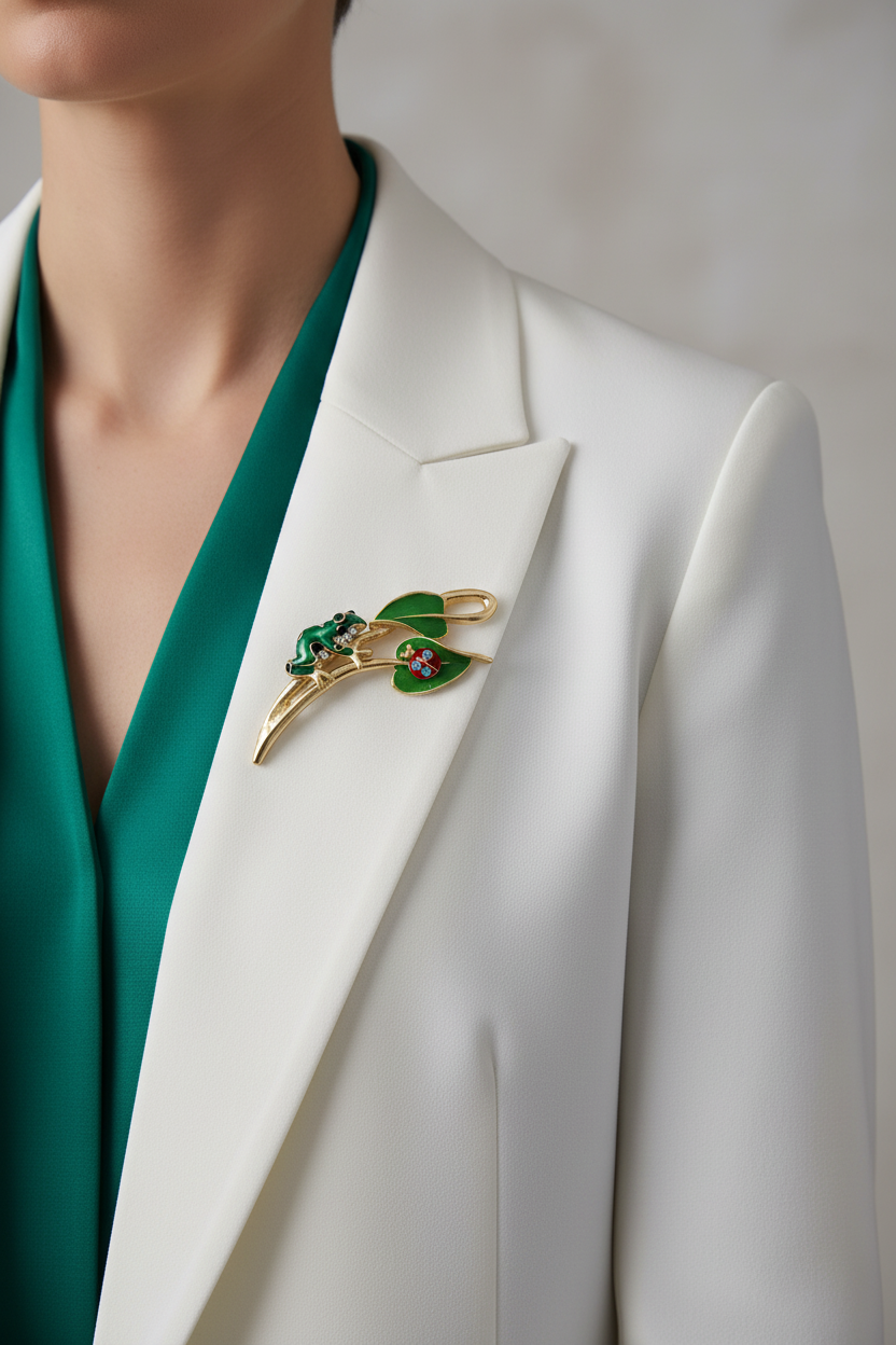 Model wearing frog with ladybug on leaf pin on a white jacket with green top - Lilylin Designs