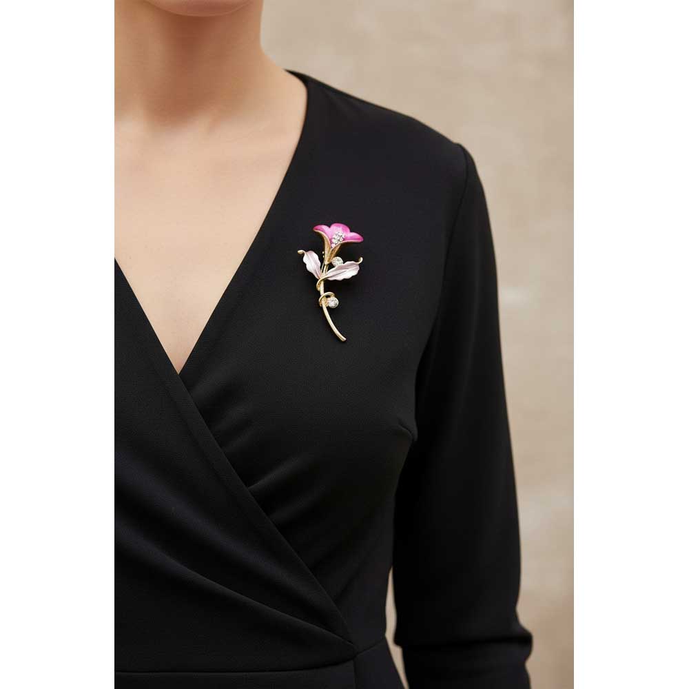 Model wearing Fuchsia flower brooch pin on a black wrap dress - Lilylin Designs