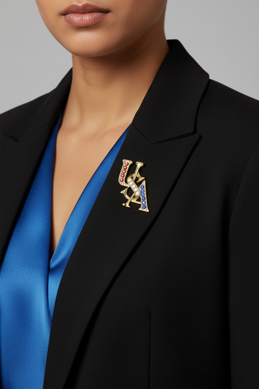 Model wearing gold USA pin on a black jacket - Lilylin Designs