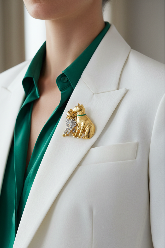 Model wearing gold and crystal cat lovers pin on a white jacket - Lilylin Designs