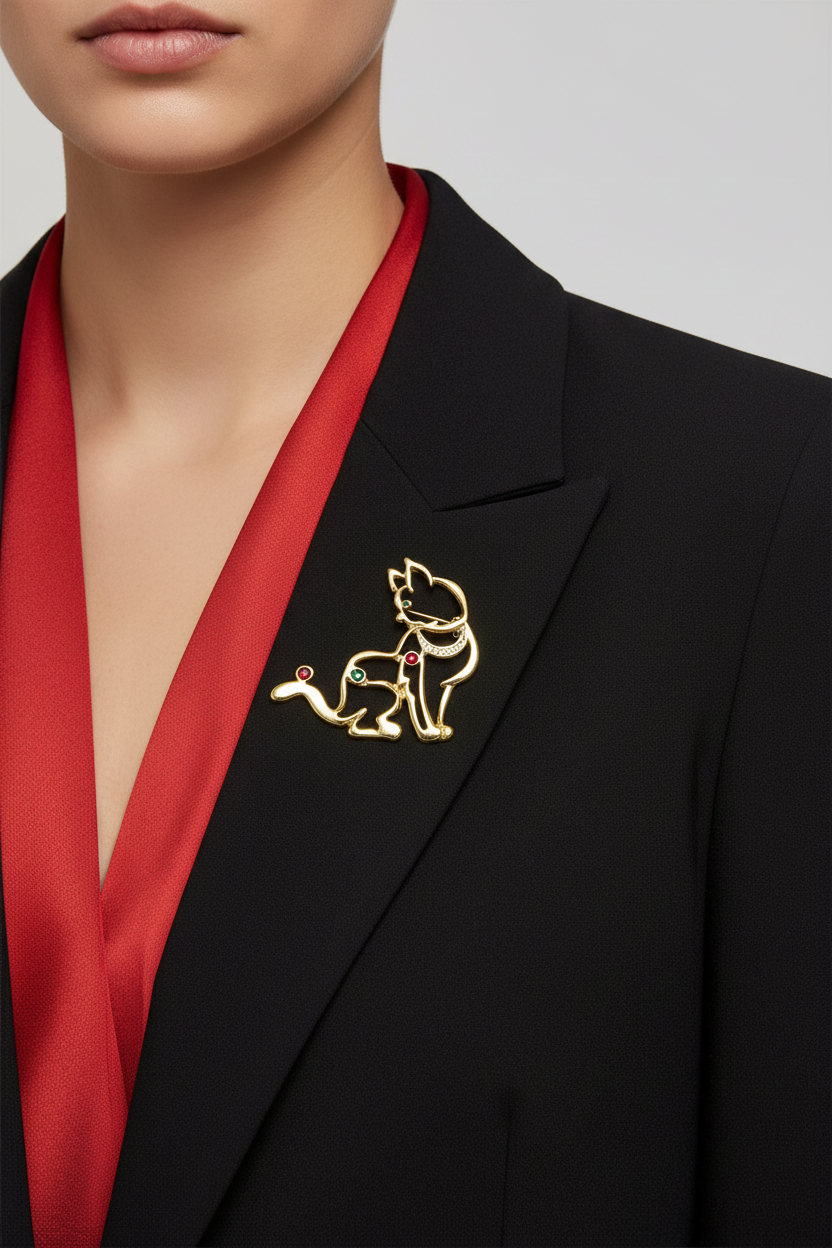 Model wearing gold and crystal outline cat on a black jacket - Lilylin Designs
