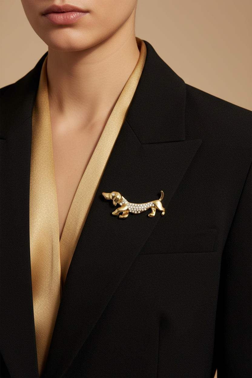 Gold with crystals dachshund dog pin shown on model in a black jacket with a gold top - Lilylin Designs