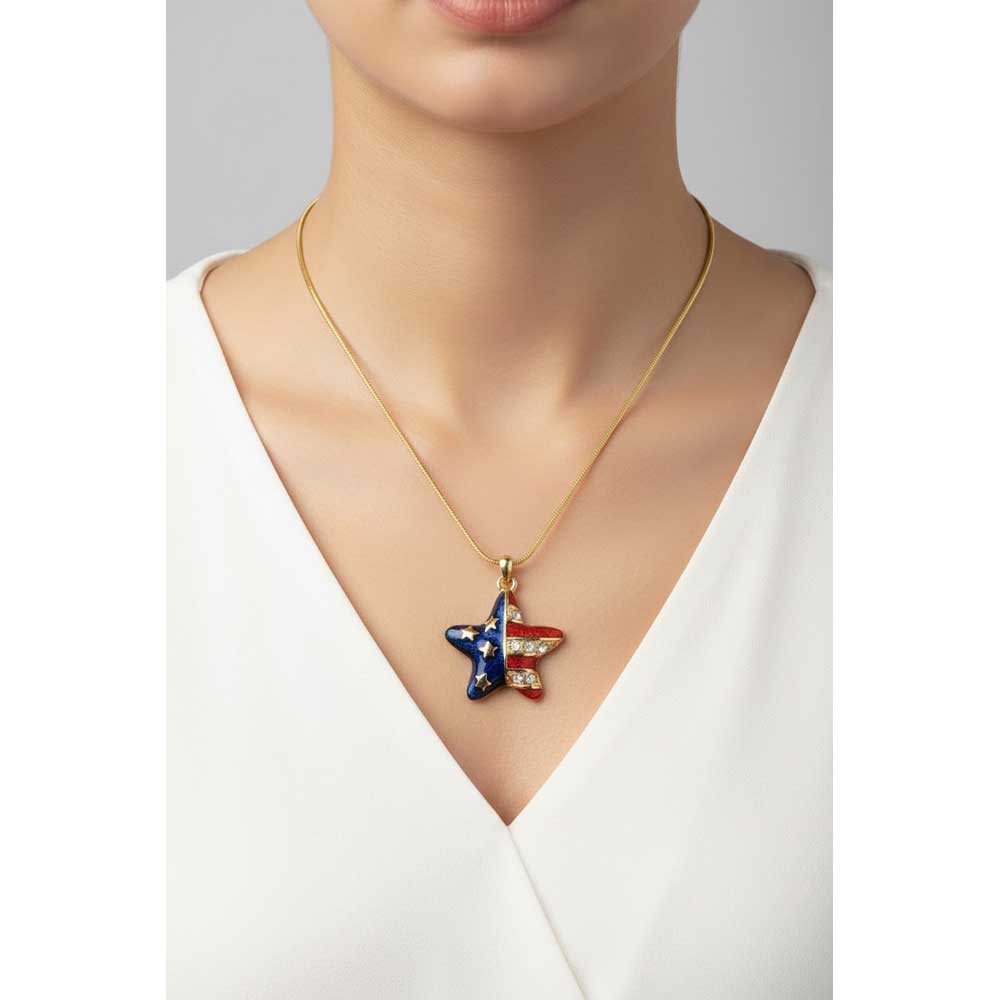 Model wearing patriotic star necklace with a white top - Lilylin Designs