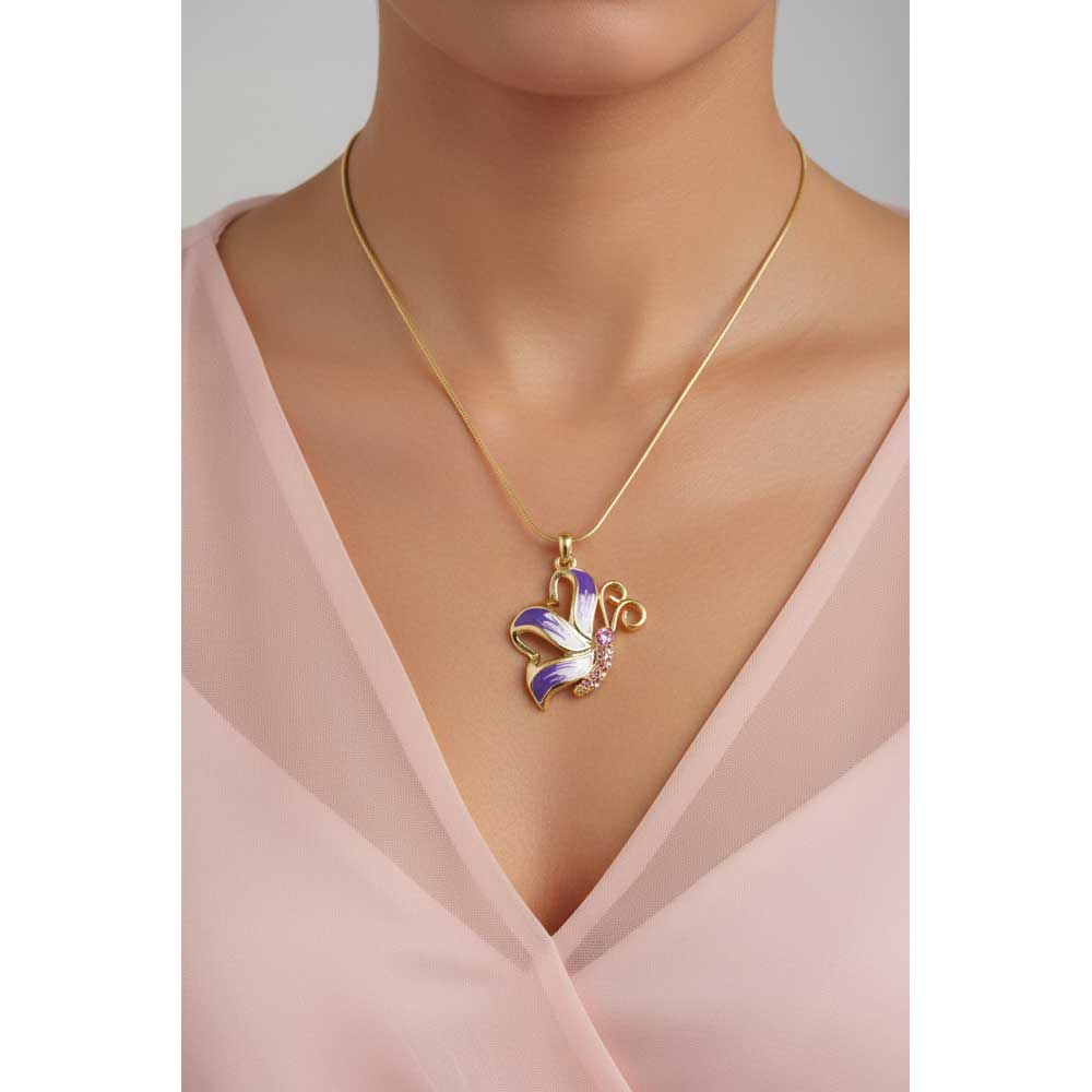 Model wearing Gold purple and pink butterfly necklace with a sheer pink top - Lilylin Designs