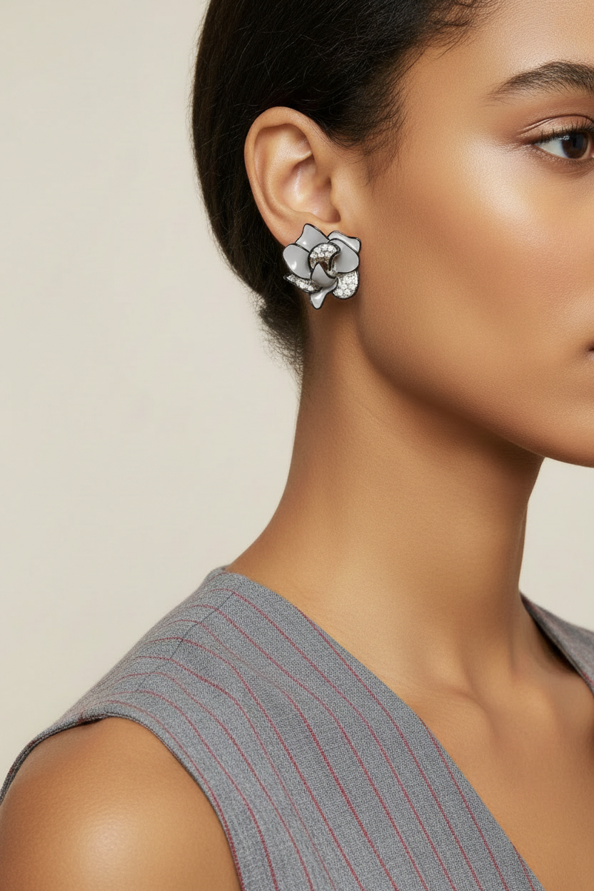 Side profile of model wearing gray and black enamel earrings with clear crystals - Lilylin Designs