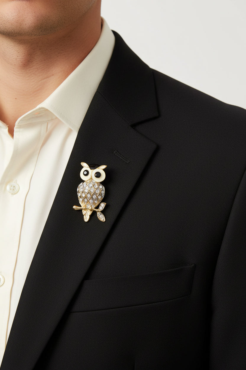 Model wearing Cream and Black Enamel Harlequin Owl Brooch Pin - Lilylin Designs