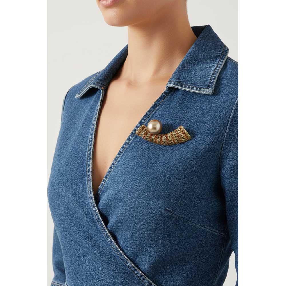 Model wearing Horn with brown pearl brooch pin on a denim dress - Lilylin Designs