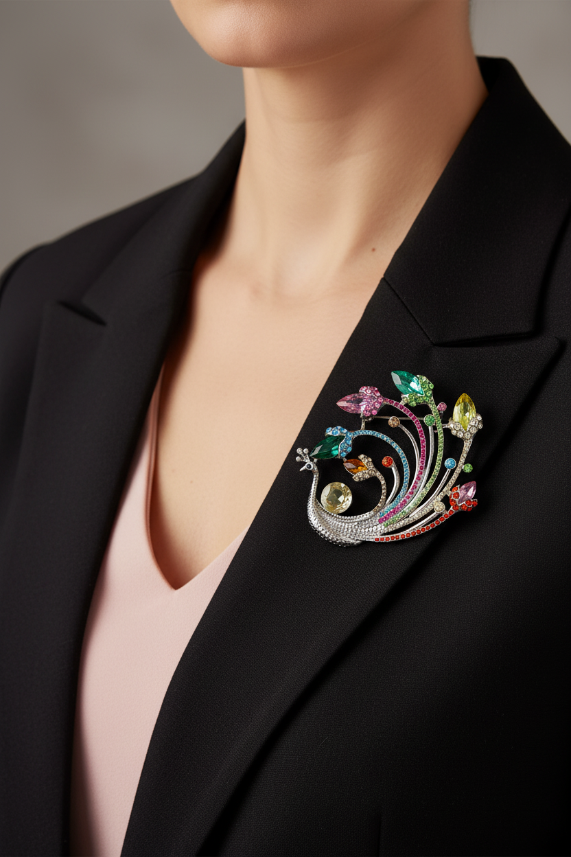 Model wearing large pastel crystal peacock pin - Lilylin Designs