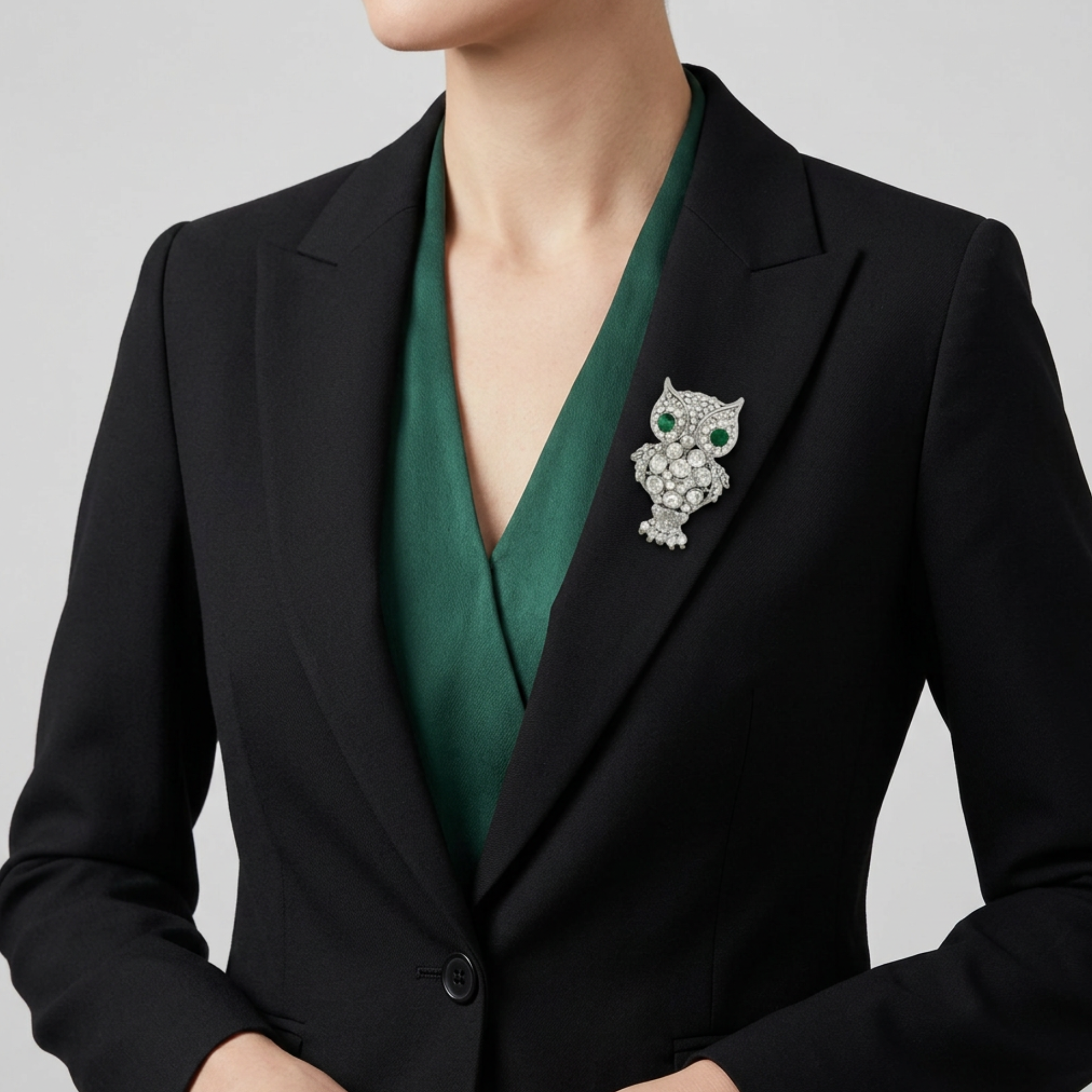 Model wearing Large Crystal Owl Brooch Pin with Green Crystal Eyes - Lilylin Designs