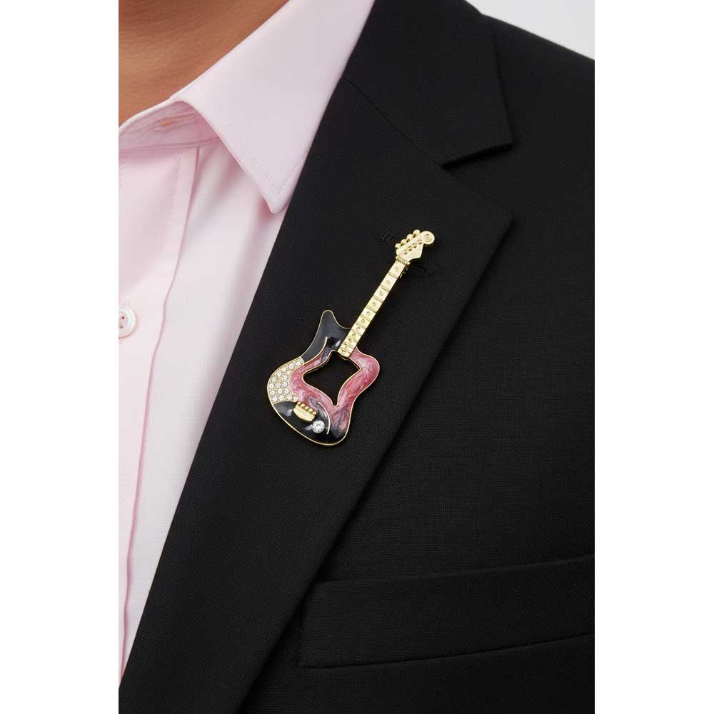 Model wearing Large guitar brooch pin on a black jacket with a pink shirt - Lilylin Designs