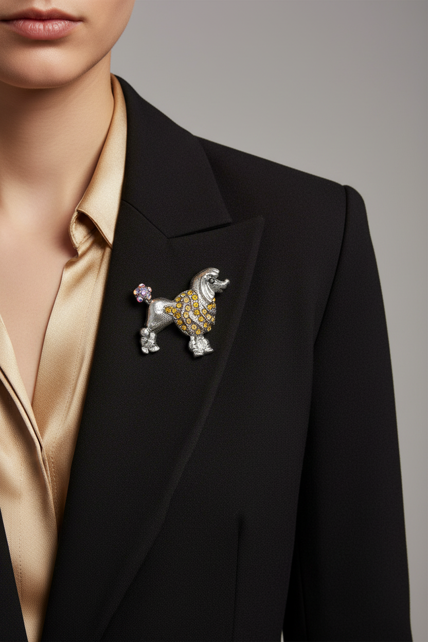 Model wearing light brown crystal poodle brooch pin on a black jacket - Lilylin Designs