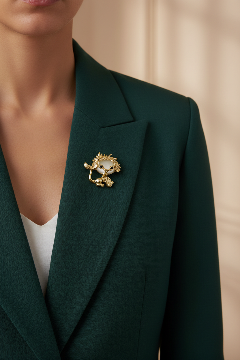 Model wearing lion lapel pin on a dark green jacket - Lilylin Designs