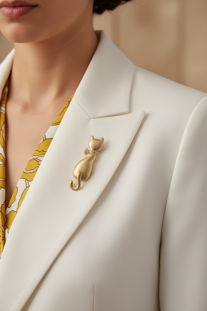 Model wearing matte gold cat brooch pin on a white jacket - Lilylin Designs