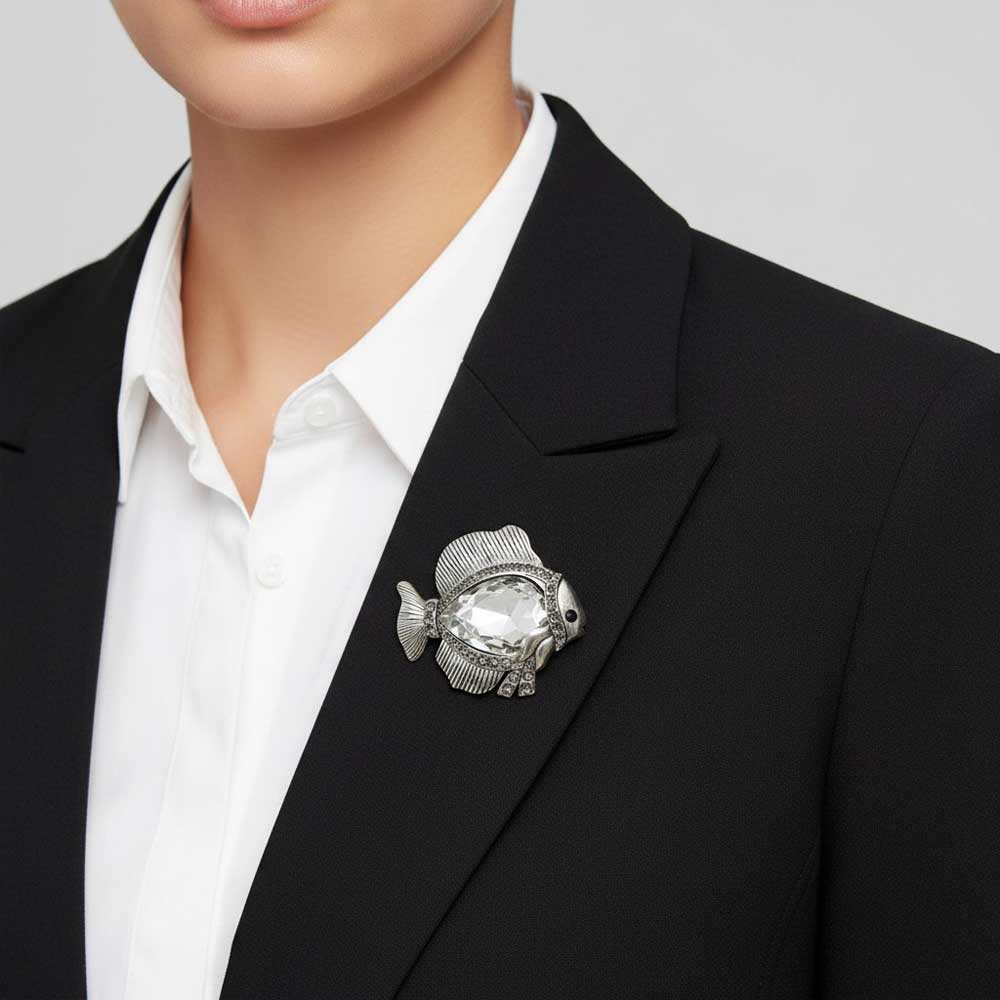 Model wearing Mirror belly fish brooch pin on a black jacket - Lilylin Designs