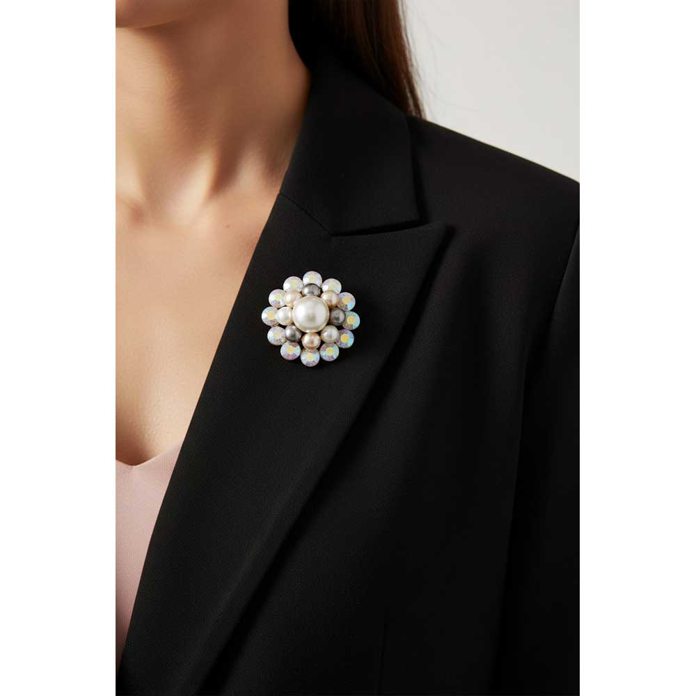 Model wearing Multicolor pear with AB pin on a black jacket - Lilylin Designs
