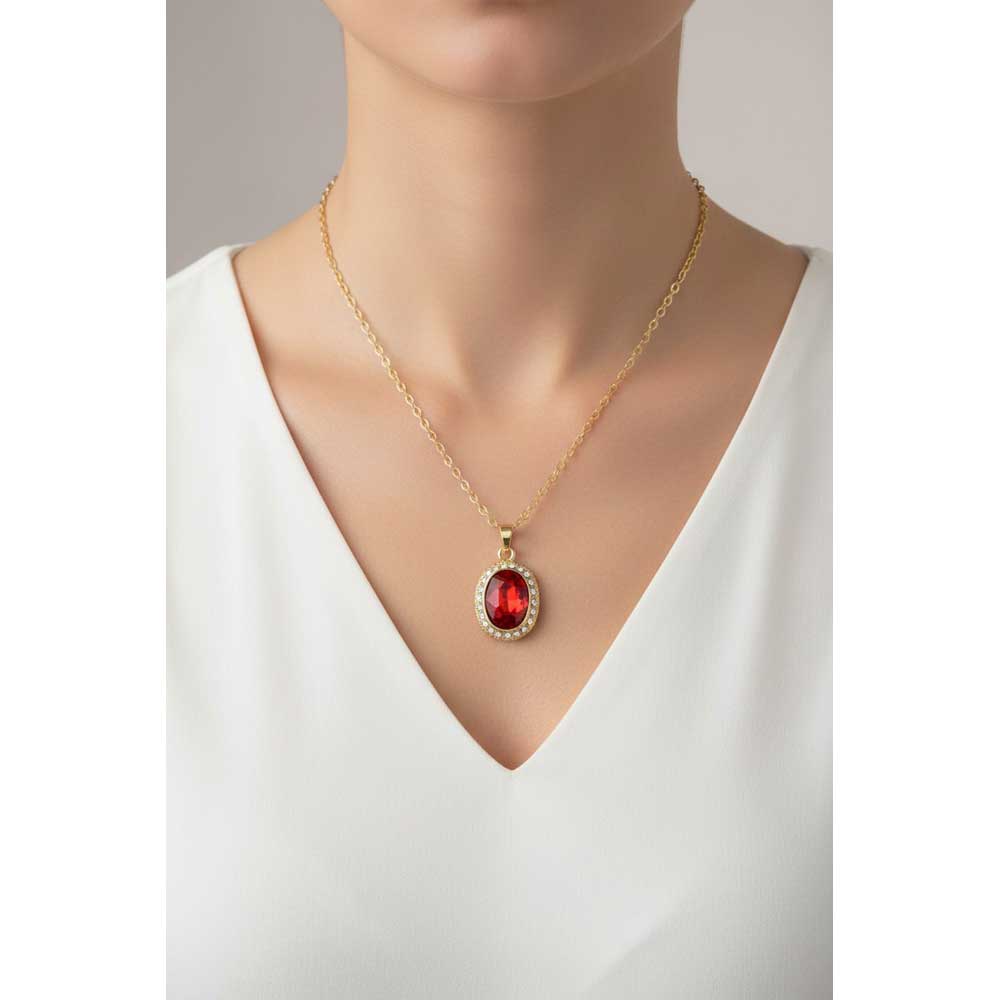 Model wearing Oval red crystal necklace with a white v neck top - Lilylin Designs