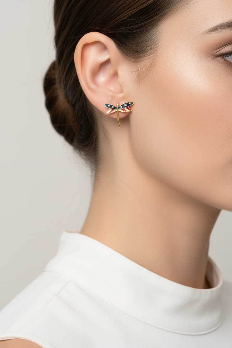 Model wearing red, white and blue dragonfly stud earring - Lilylin Designs