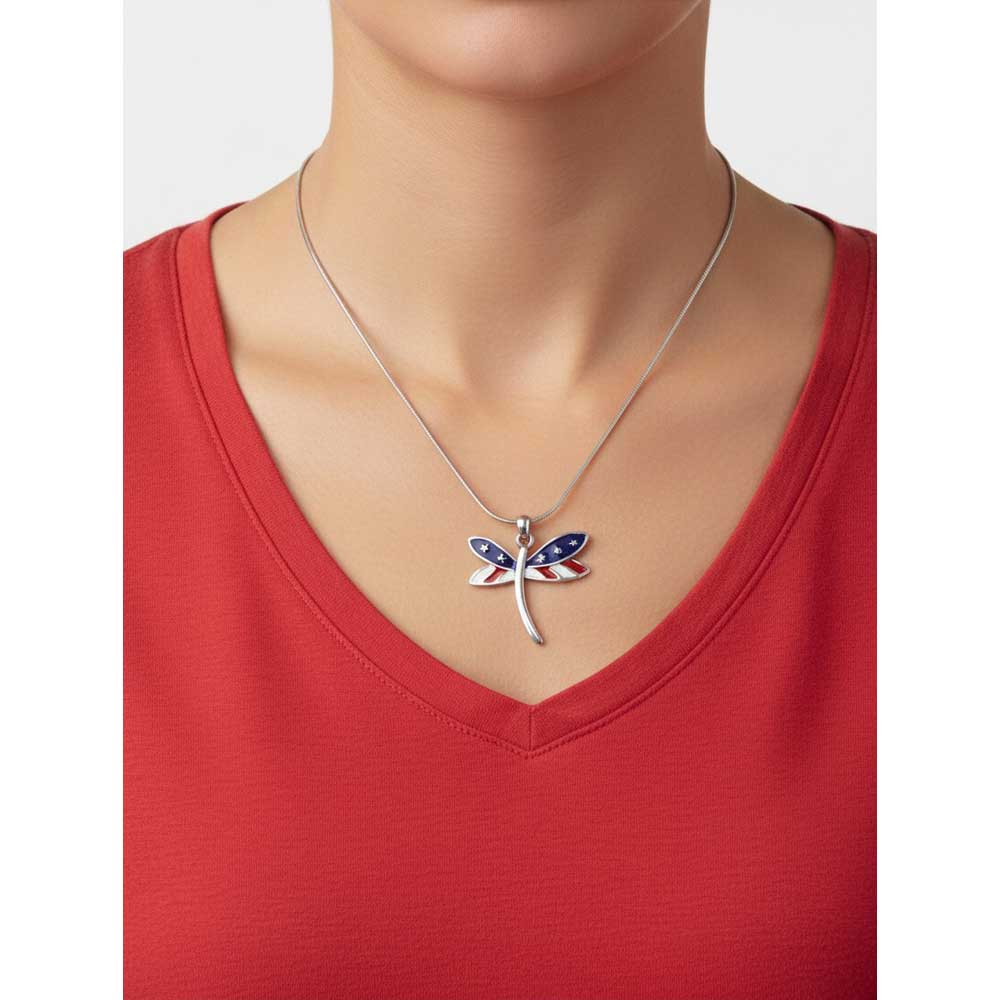 Model wearing red white and blue Patriotic dragonfly necklace with a red t-shirt - Lilylin Designs