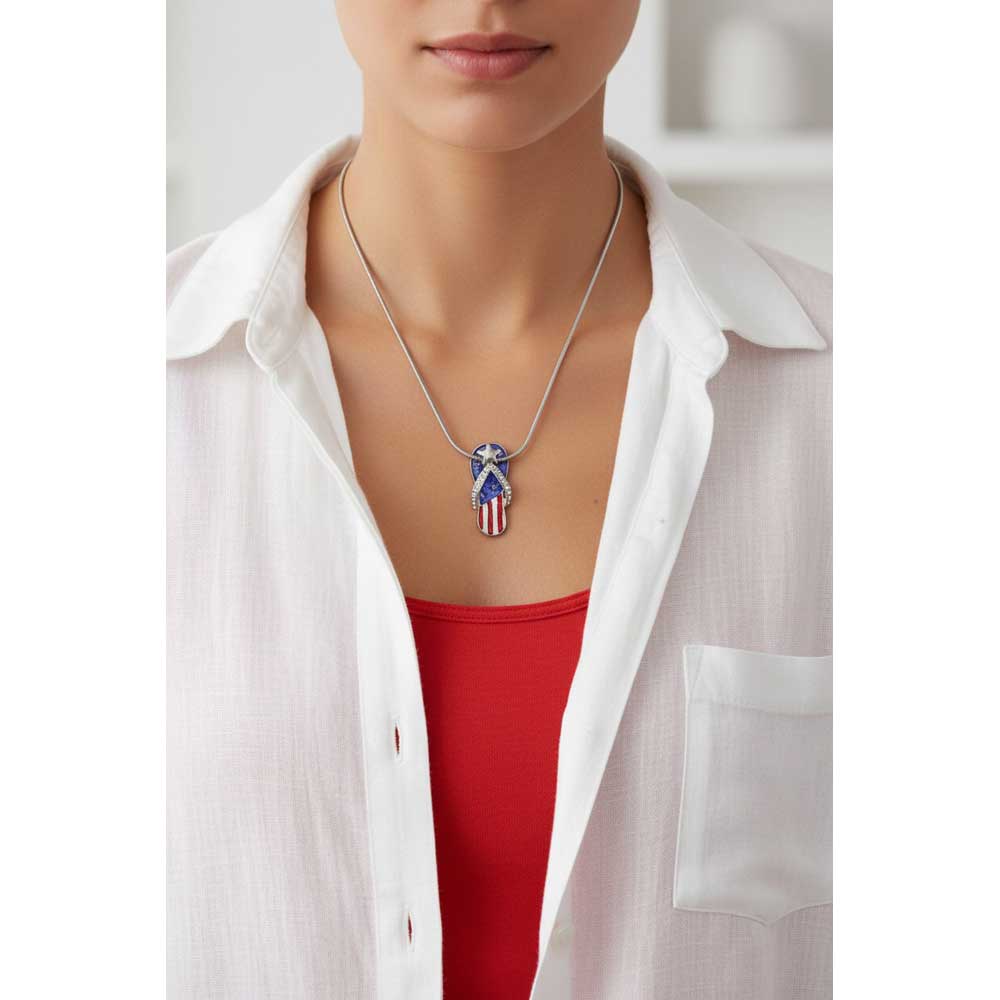 Model wearing Patriotic flip flop necklace with a white shirt over a red tank top - Lilylin Designs