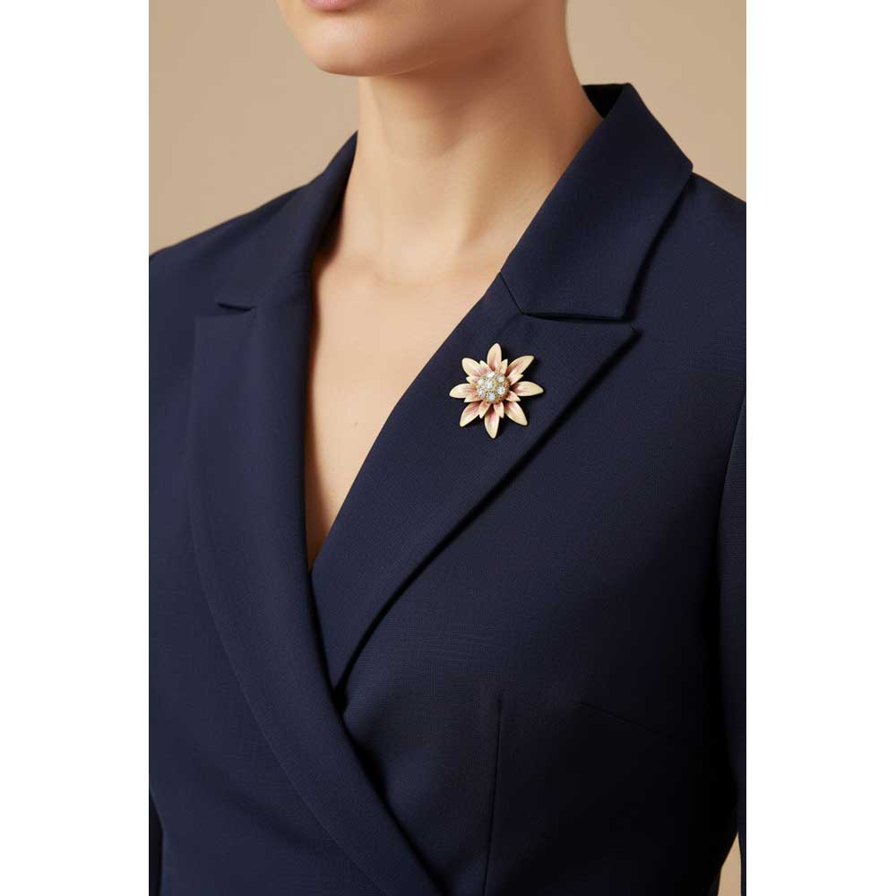 Model wearing Peach flower brooch pin on a navy blue wrap dress - Lilylin Designs