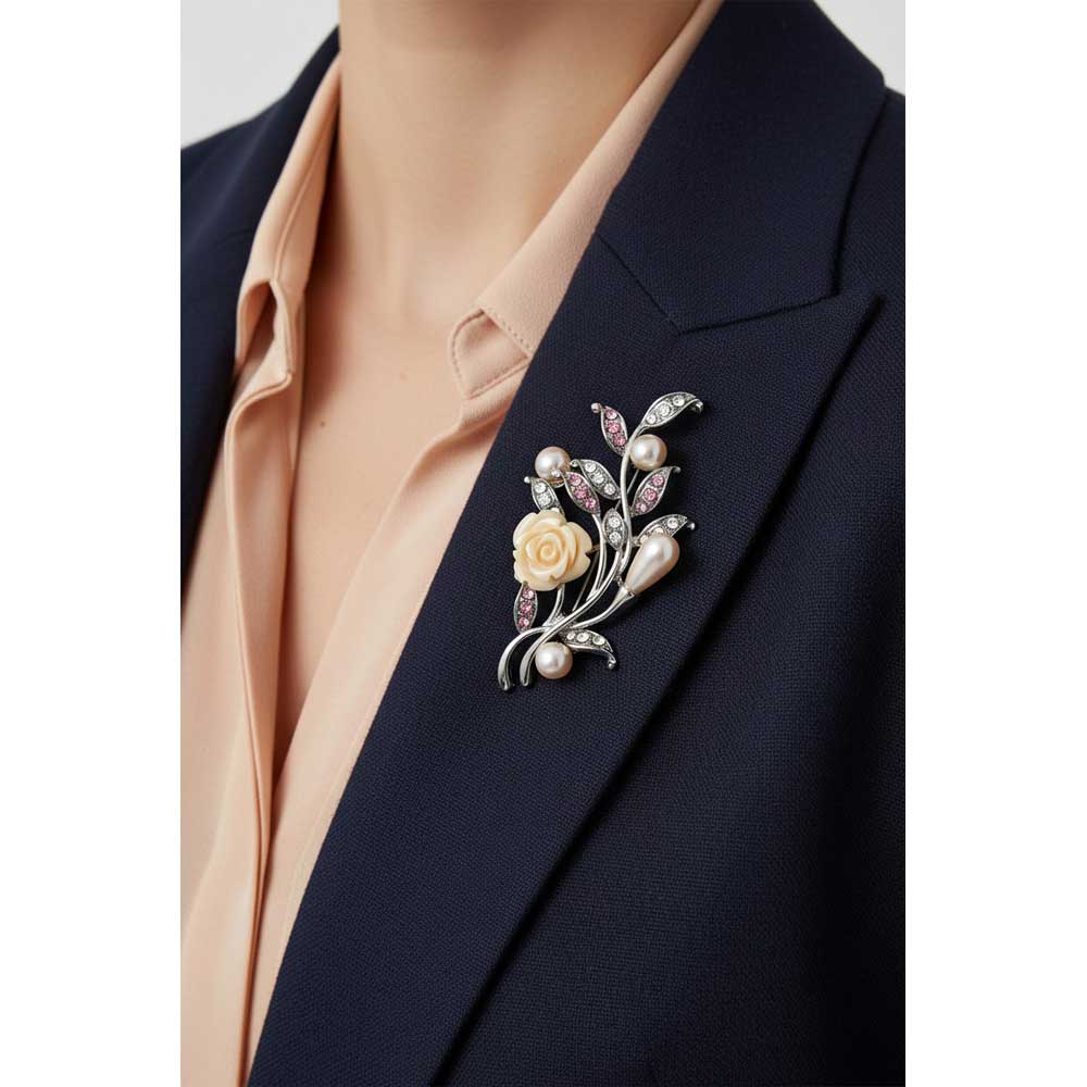 Model wearing Peach flower pearl brooch pin on a navy blue jacket - Lilylin Designs