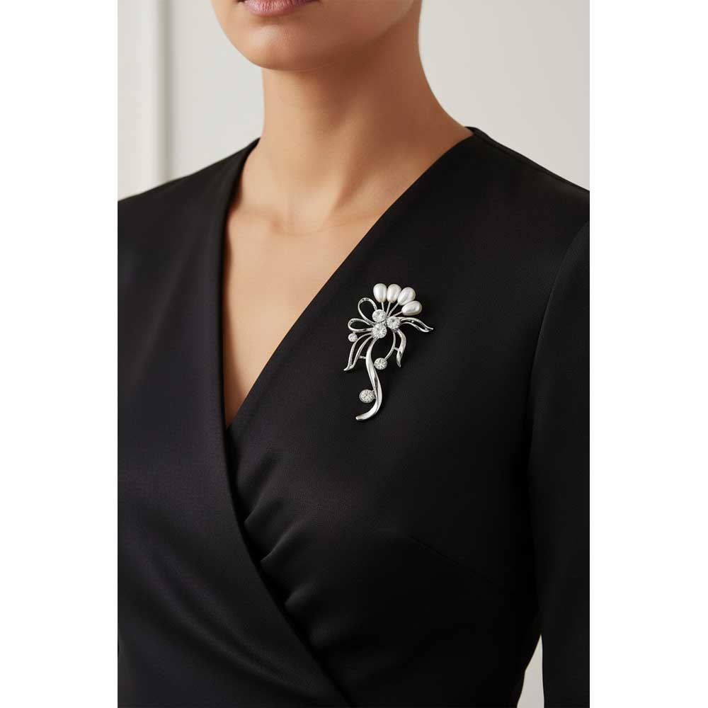 Model wearing Pearl flower buds brooch pin on a black wrap dress - Lilylin Designs