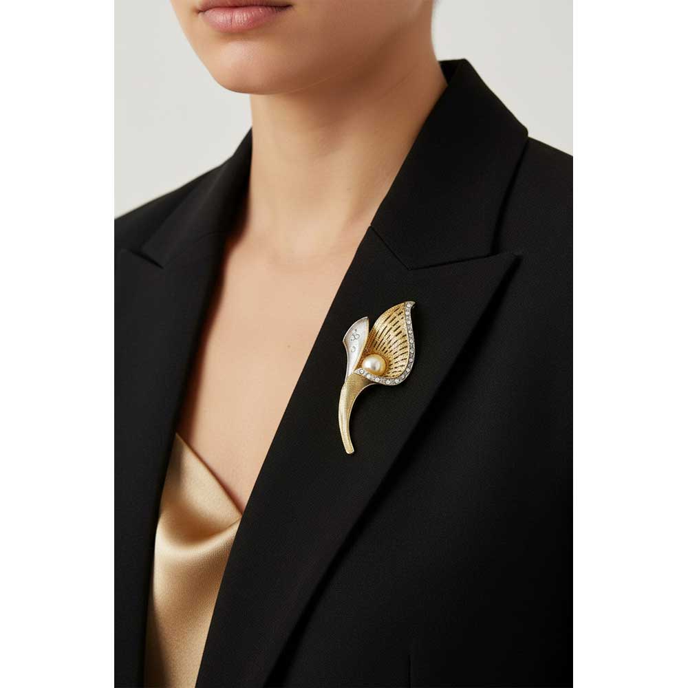 Model wearing Pearl tulip brooch pin on a black jacket with a gold top - Lilylin Designs