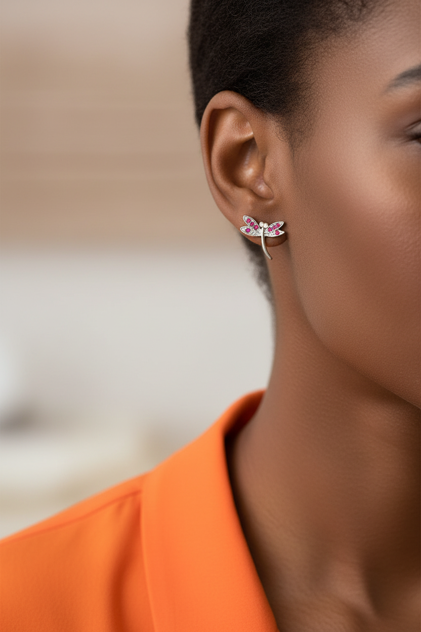 A close-up side profile of a model wearing a delicate dragonfly stud earring. The earring features a silver-toned metal body with pink crystal wings - Lilylin Designs