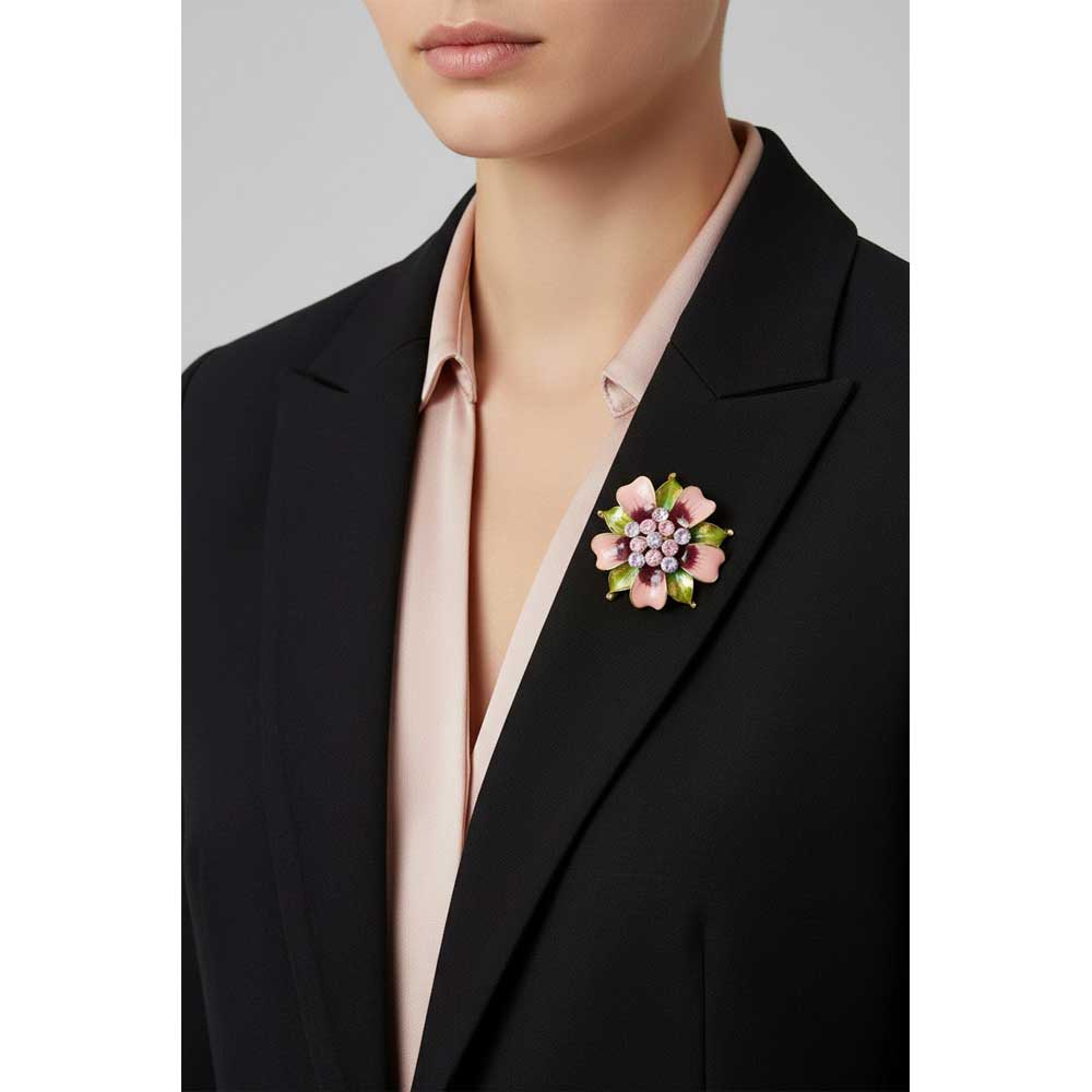 Model wearing Pink and green flower brooch pin on a black jacket with a pink shirt - Lilylin Designs