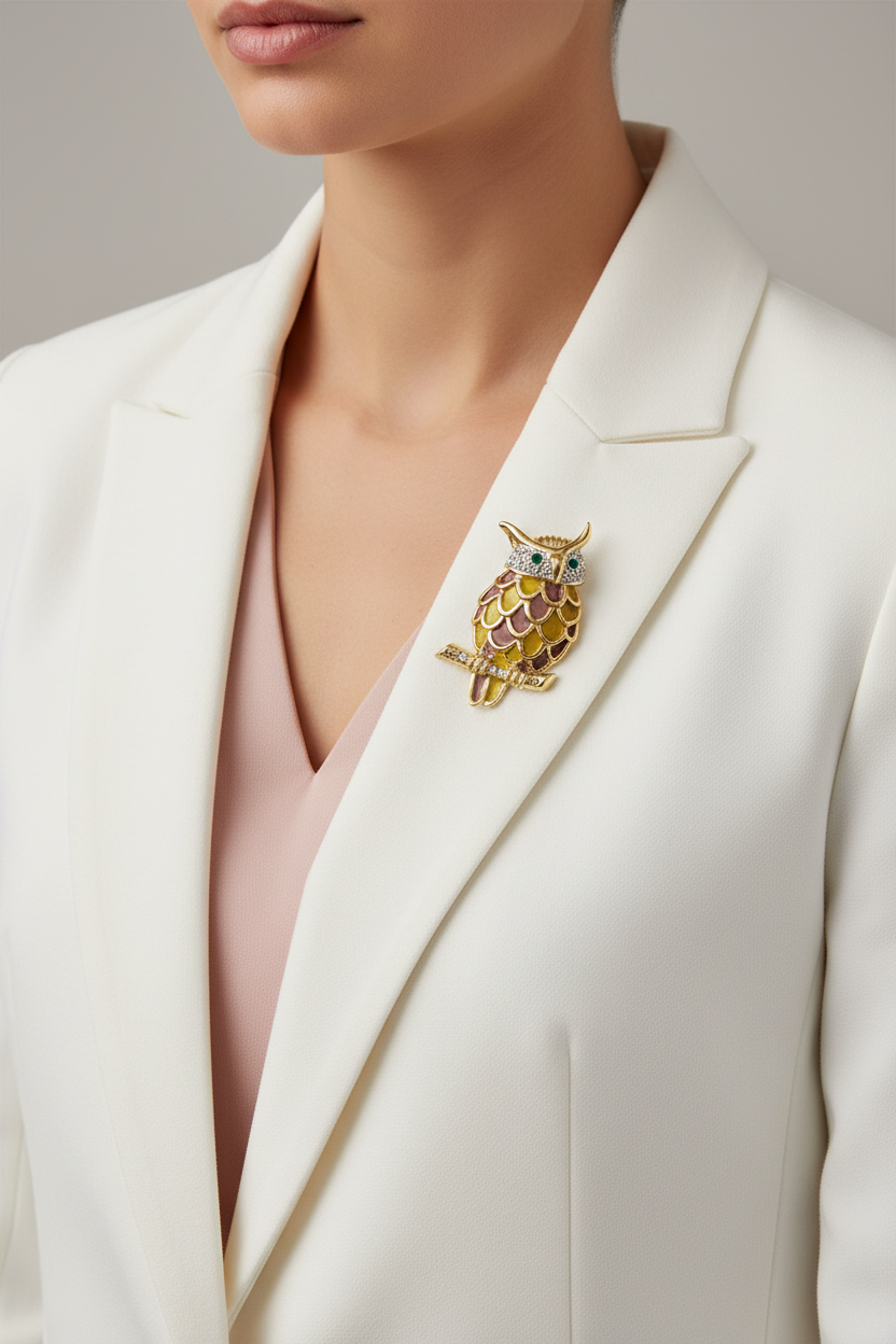 Model wearing pink and yellow stained glass owl brooch pin - Lilylin Designs