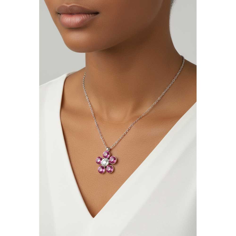 Model wearing Pink daisy necklace with a white v neck top - Lilylin Designs