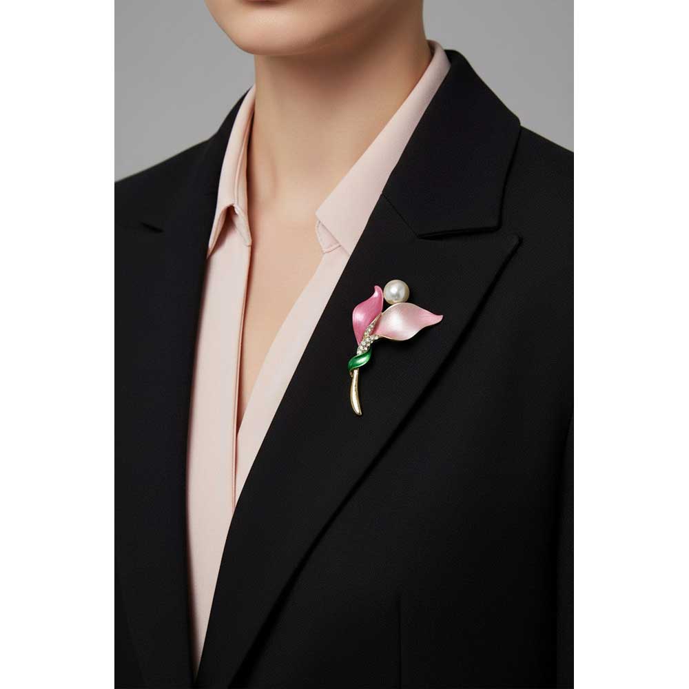 Model wearing Pink petal pearl flower brooch pin on a black jacket with a pink shirt - Lilylin Designs