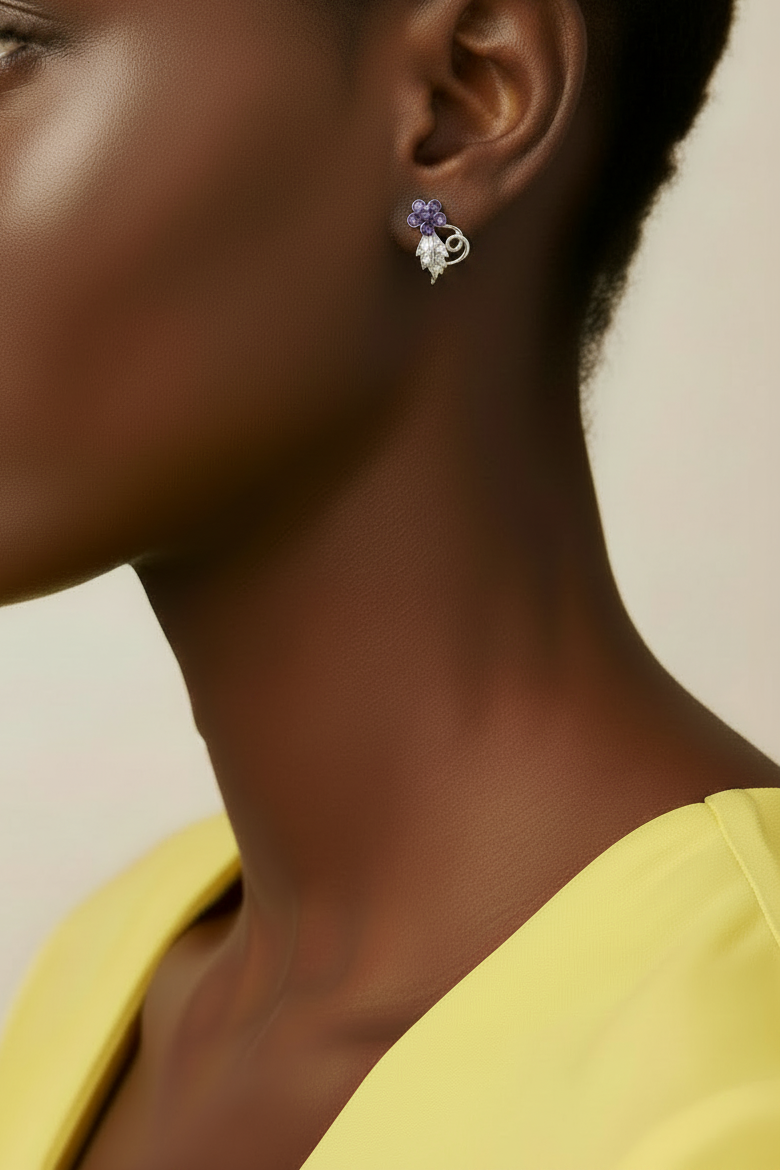 Side profile of model wearing small purple crystal daisy stud earring - Lilylin Designs