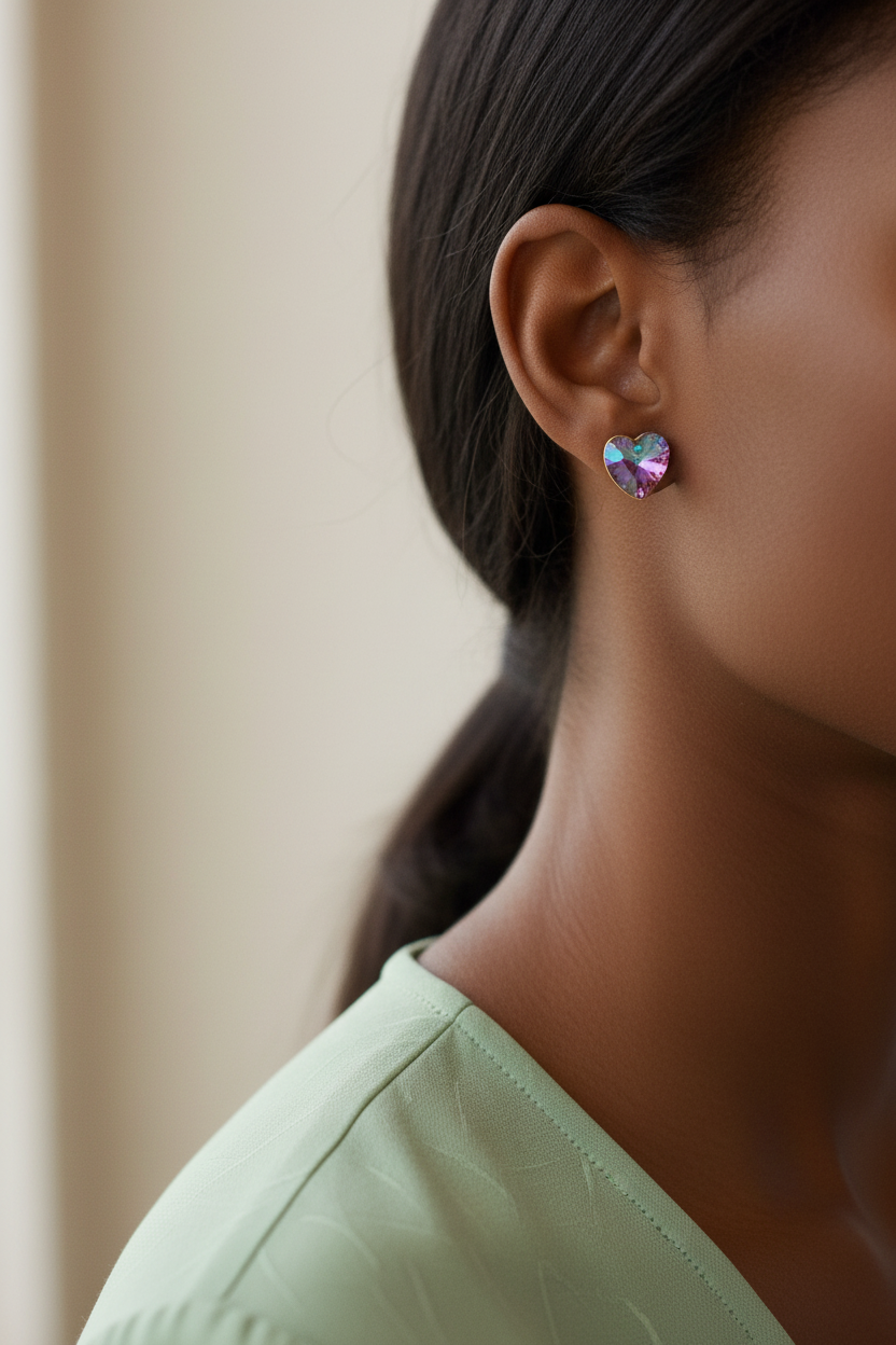 A close-up side profile of a woman wearing a small heart-shaped stud earring with an iridescent, rainbow-colors - Lilylin Designs