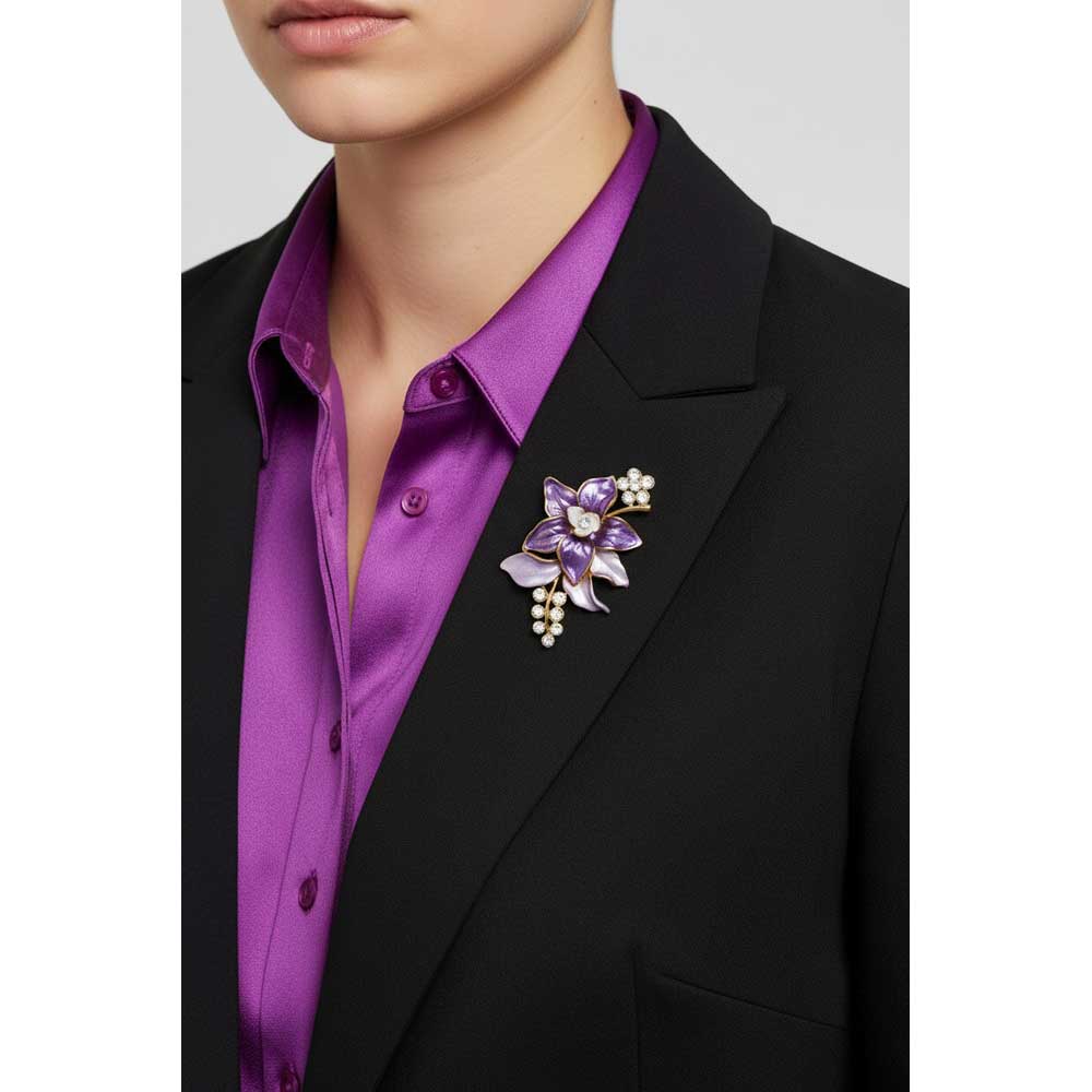 Model wearing Purple and lilac flower brooch pin on a black jacket with a bright purple shirt - Lilylin Designs