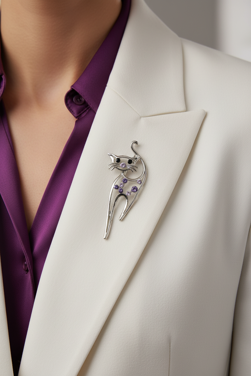 Model wearing purple crystal cat pin on a white jacket with a purple shirt - Lilylin Designs