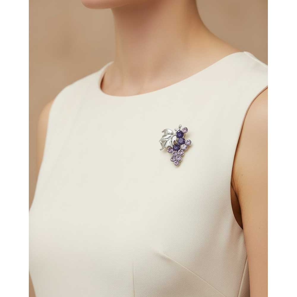Model wearing Purple crystal grapes brooch pin on a white dress - Lilylin Designs