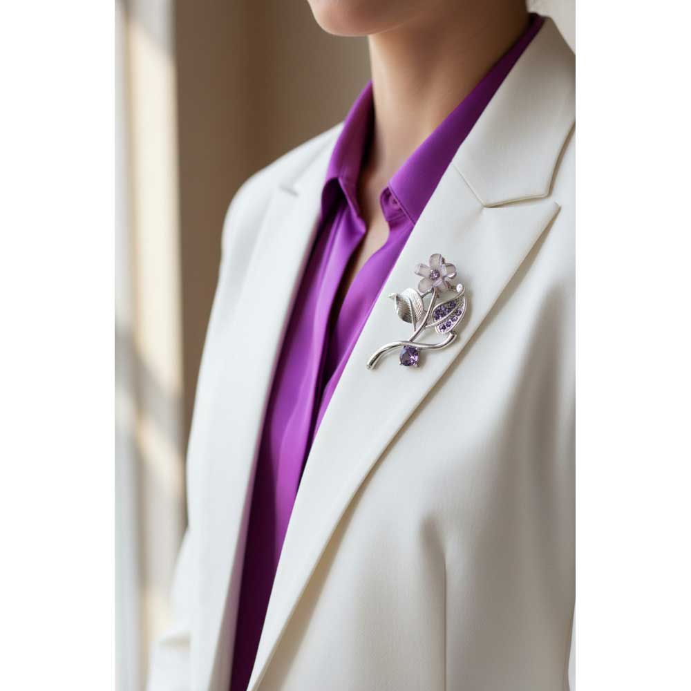 Model wearing Purple daisy flower brooch pin on a white jacket with a purple shirt - Lilylin Designs
