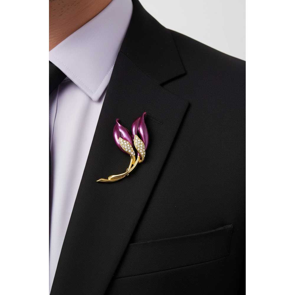 Model wearing Purple enamel and crystal flower brooch pin on a black jacket with a light purple shirt - Lilylin Designs