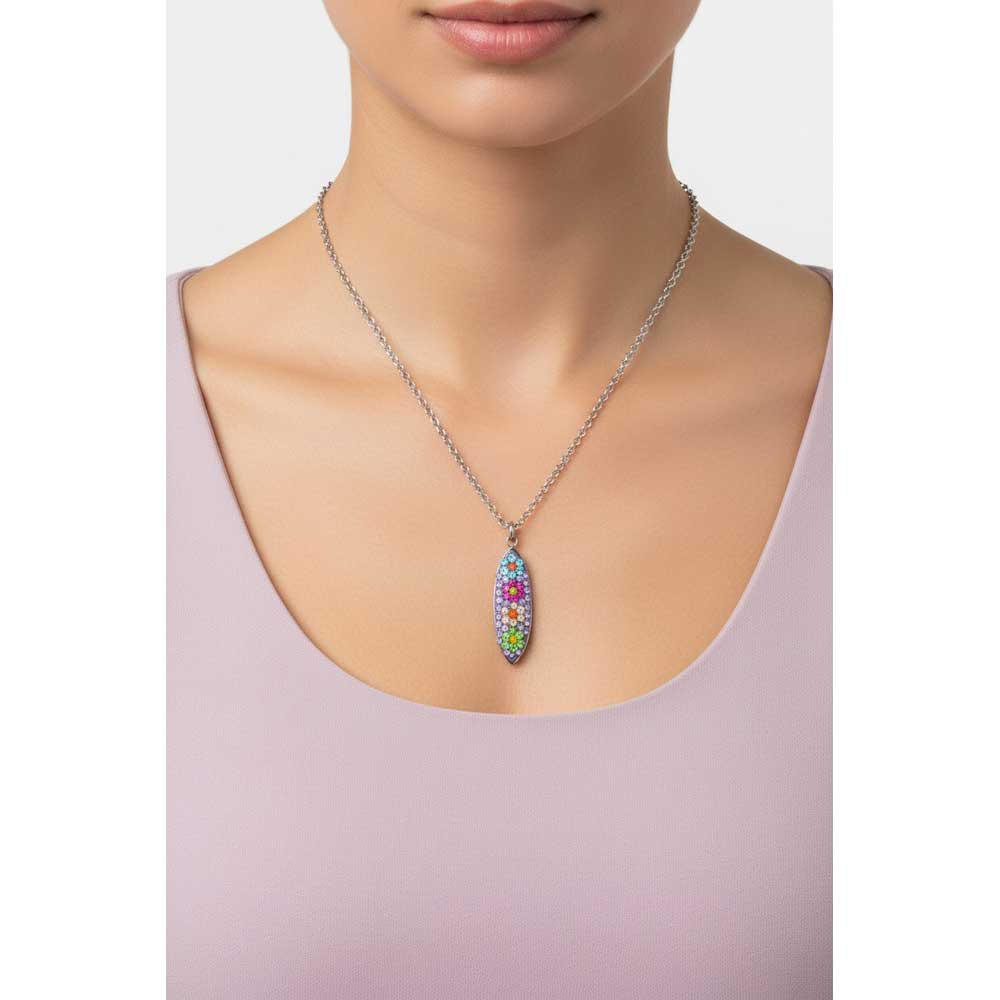 Model wearing Purple encrusted crystal flowers necklace with a light purple shirt - Lilylin Designs